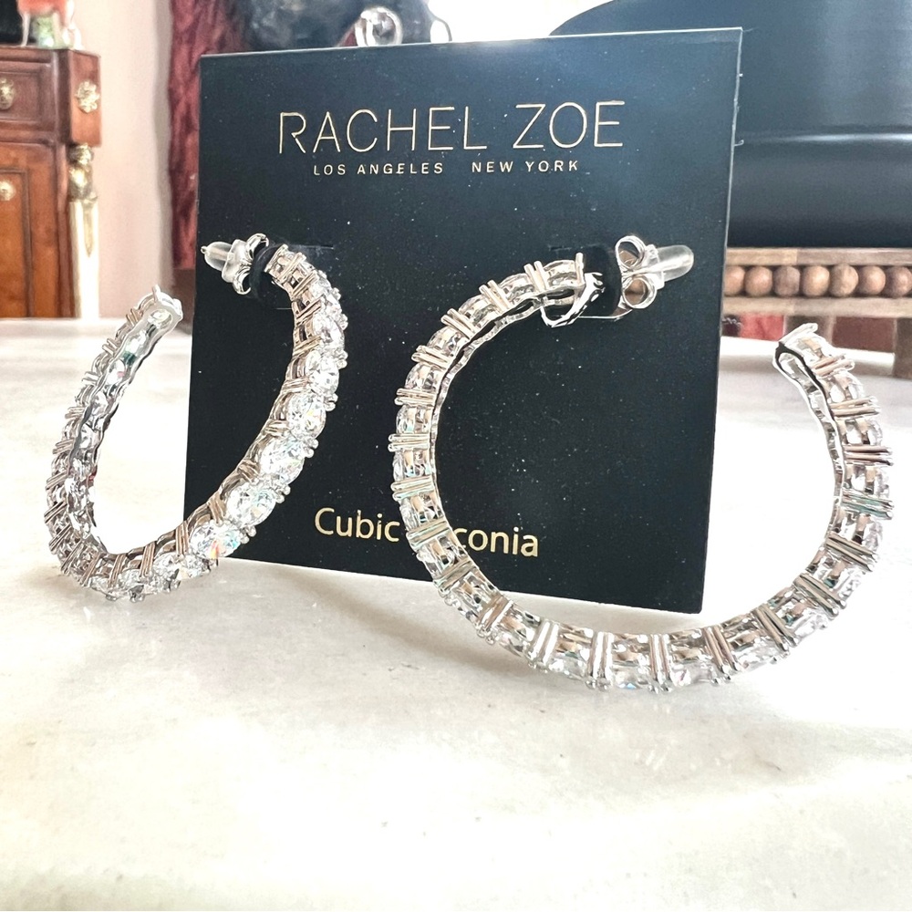 Rachel Zoe Silver Cubic Zirconia Crystal Hoop Earrings